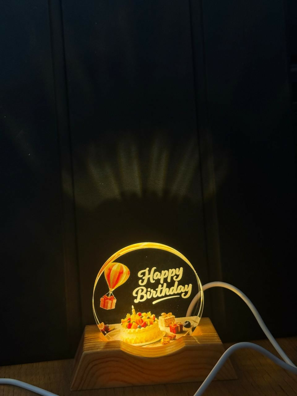 Happy Birthday Acrylic LED Lamp with Wooden Base Cake Theme Gift Light