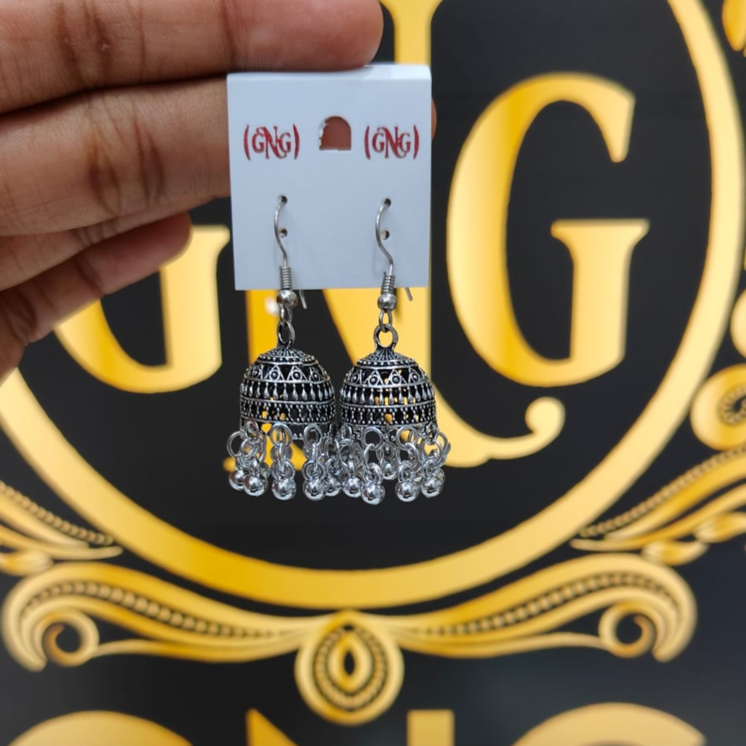 Traditional elegant silver oxidised hook jhumka earrings