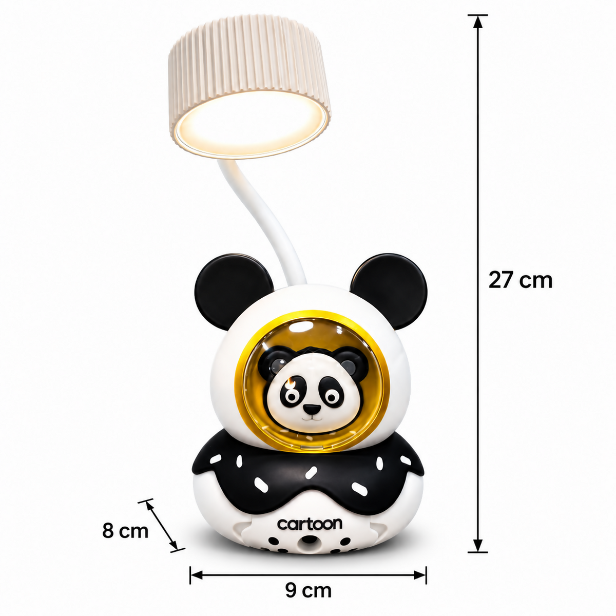 Panda desk lamp with dimensions indicated: 27 cm height, 9 cm width, and 8 cm depth.