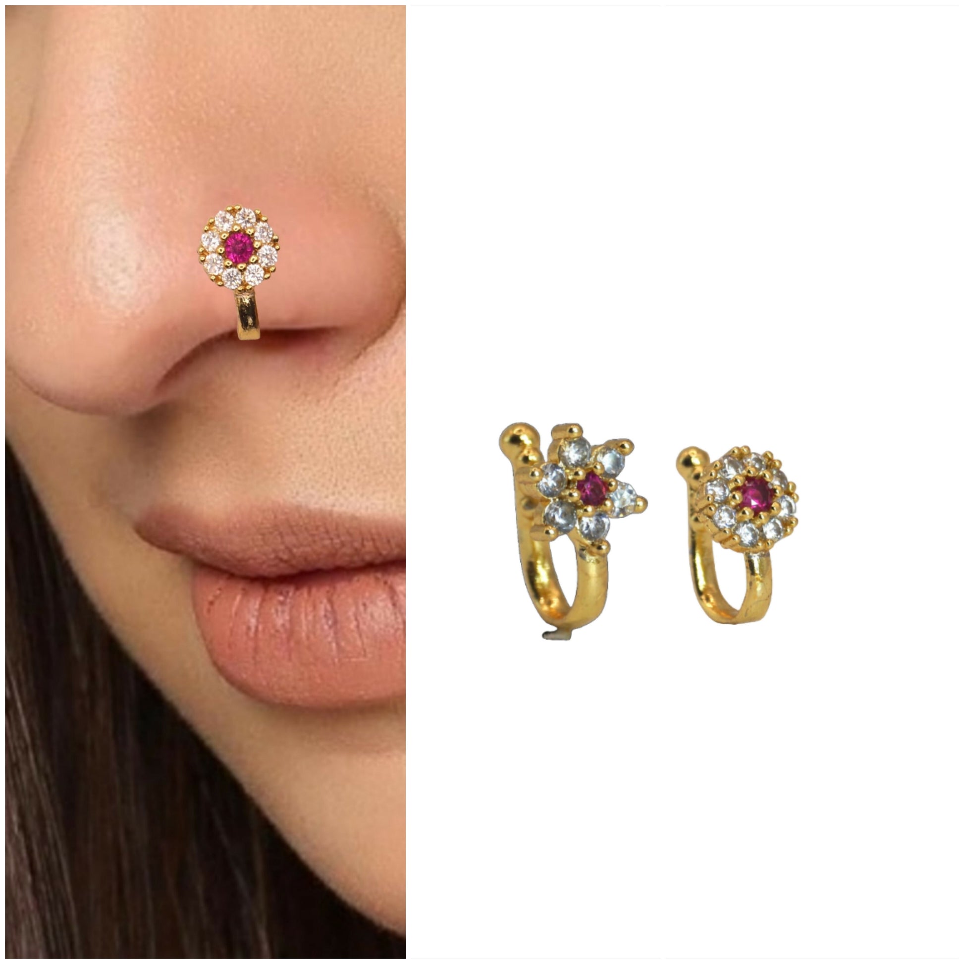 Traditional Ruby & CZ Gold Plated Non-Piercing Nose Ring/Nath Combo Pack of 2