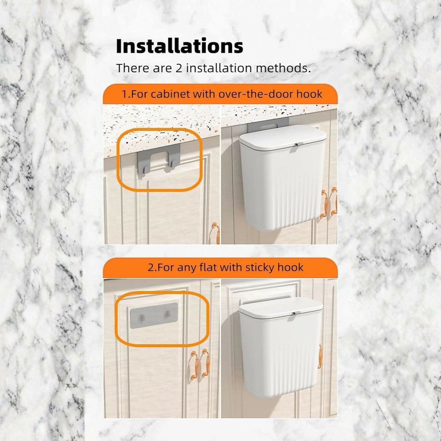 Two installation methods are shown for a white dustbin: hanging over a cabinet door or using an adhesive hook on a flat