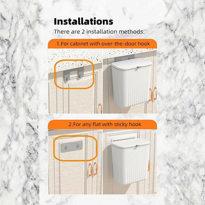 Two installation methods are shown for a white dustbin: hanging over a cabinet door or using an adhesive hook on a flat