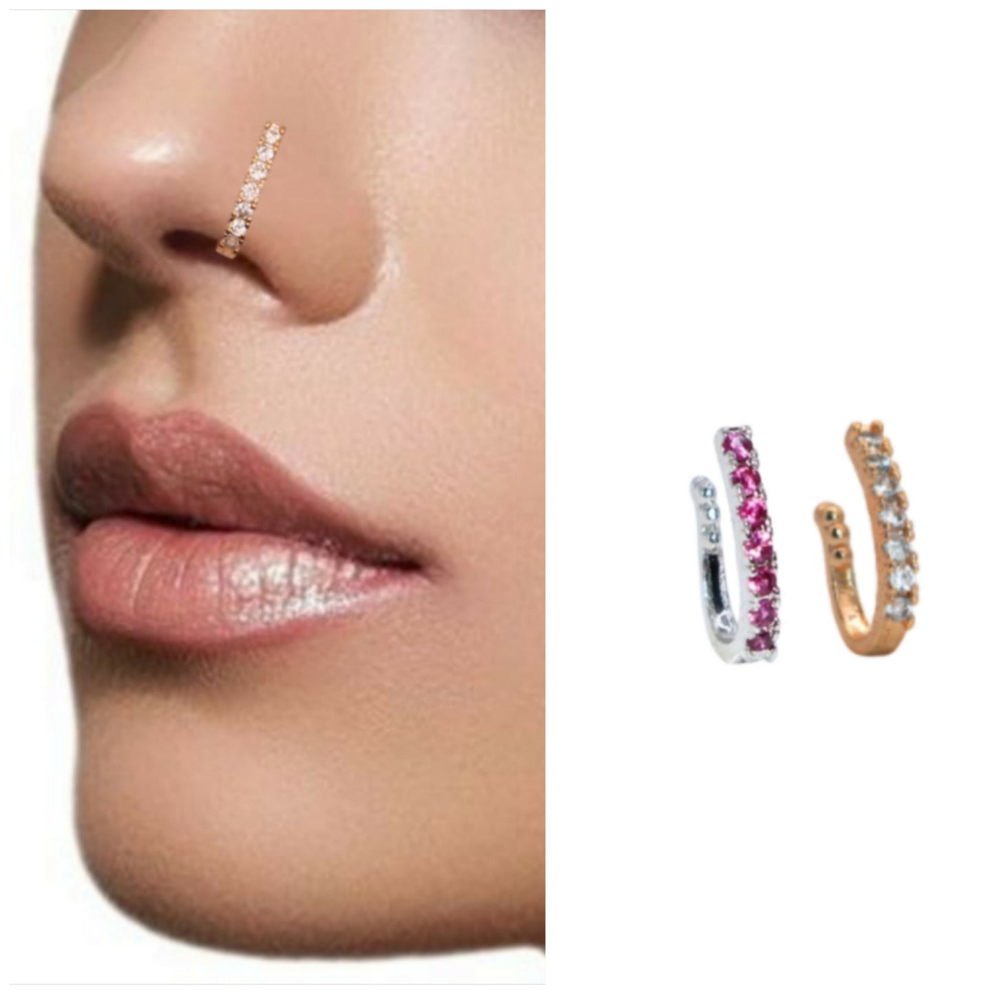 Gold-Toned Pink Stone Nose Clip - No Piercing Required Combo Pack of 2