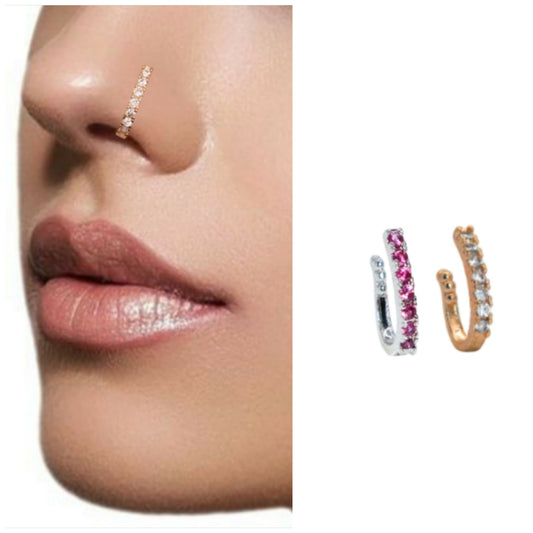 Gold-Toned Pink Stone Nose Clip - No Piercing Required Combo Pack of 2