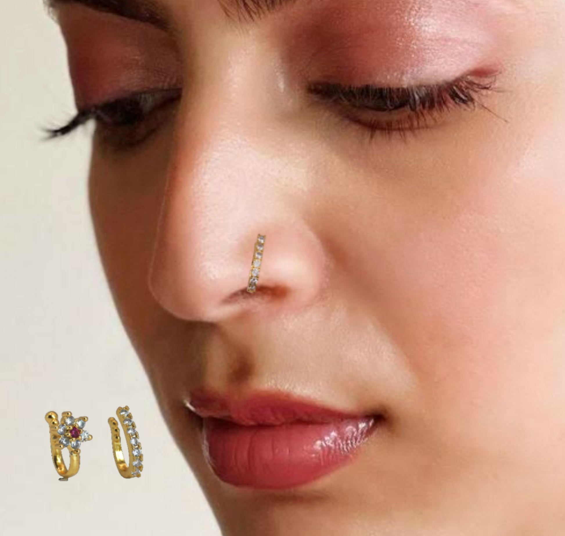 CZ Flower & Line Non-Piercing Nose Ring/Nath Set Combo Pack of 2