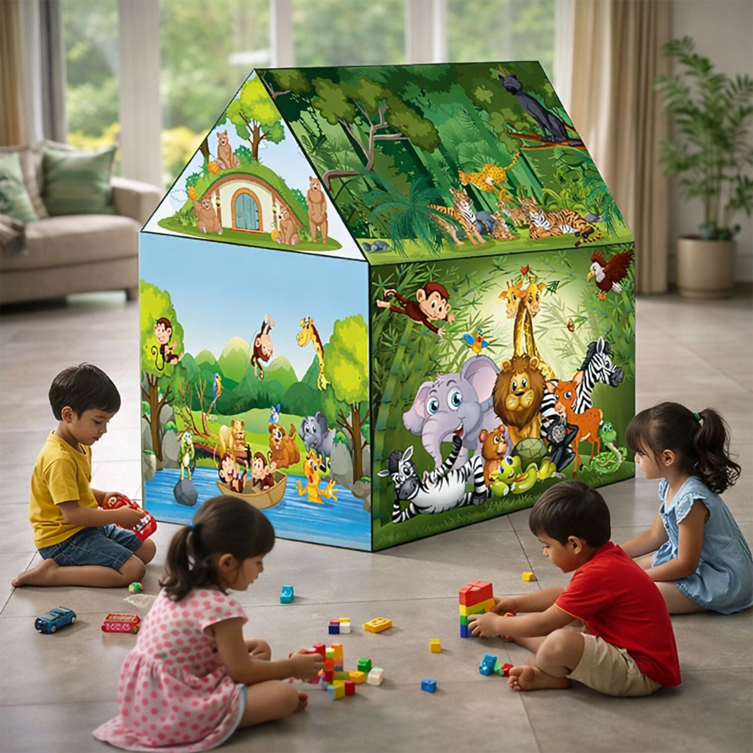 Jungle Safari Foldable Kids Play Tent House with Cartoon Animal Print for Indoor & Outdoor Fun
