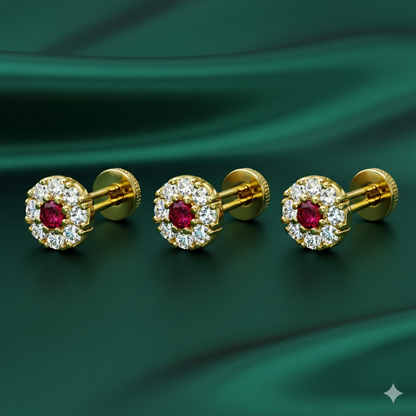 Gold plated Ruby & Diamond Floral Halo Nose Pin Labret Stud Combo Pack of 3