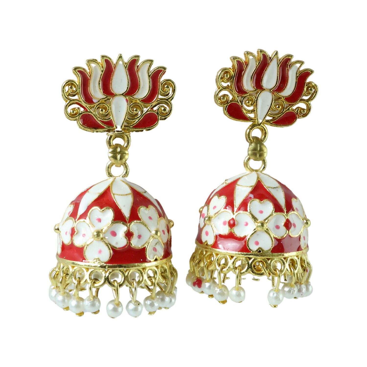 Red Lotus Jhumka Earrings detail with golden finish