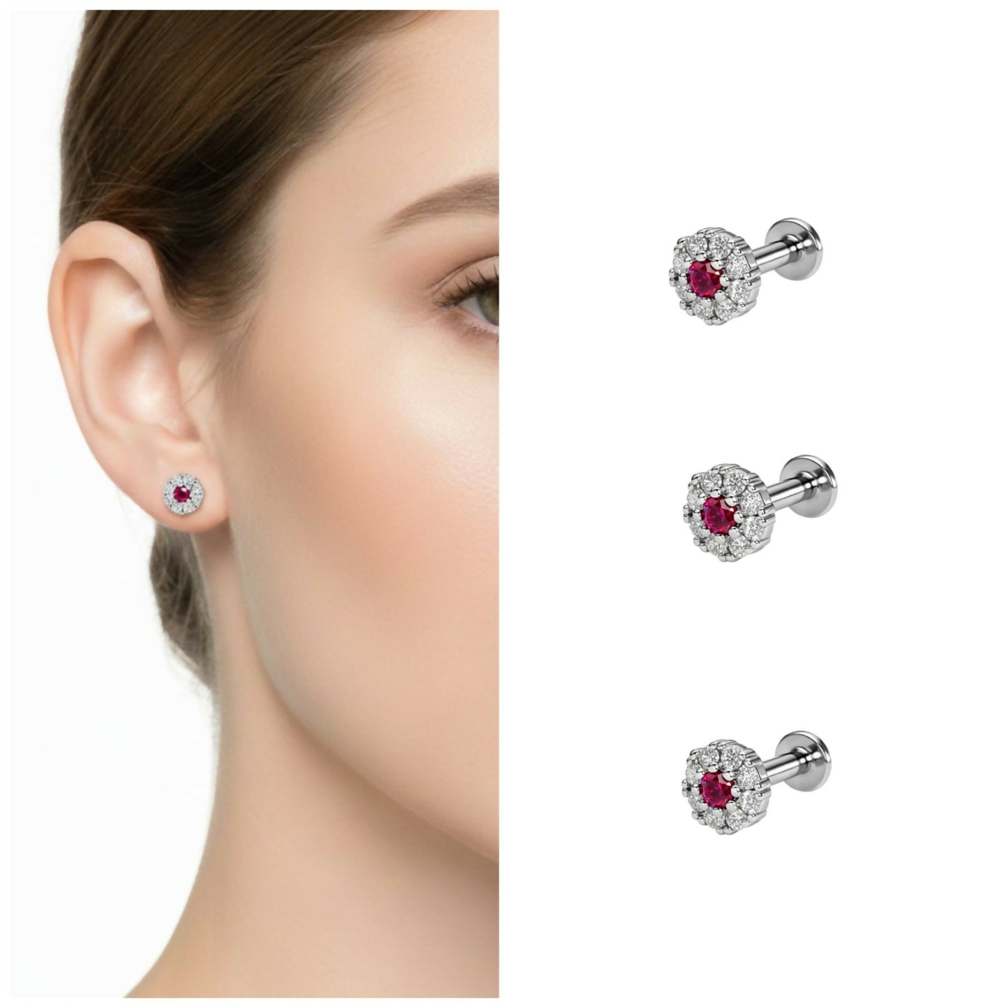 Silver plated ruby flower flat back stud earring showcasing vibrant ruby center and diamond-like stones