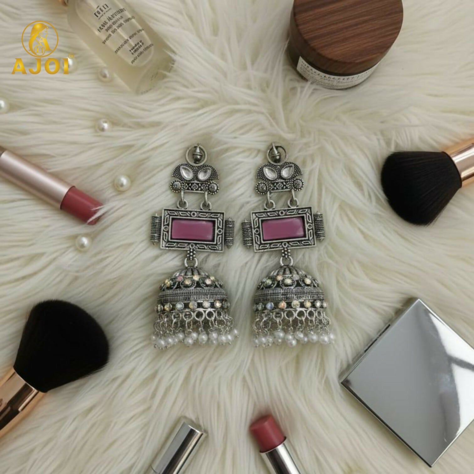 Royal Heirloom Oxidized Silver Jhumka Earrings with Blush Pink Stone, Intricate Hand-Engraved Motifs, Crystal Accents & Pearl Drop Fringe.