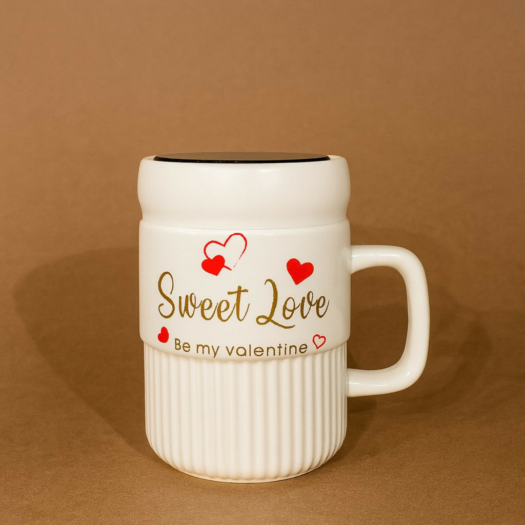 Premium Sweet Love Ceramic Mug with Lid & Spoon | Romantic Valentine Gift Cup for Couples | Leak-Resistant Lid, Large Capacity Coffee/Tea Mug | “Sweet Love” & “You & Me” Printed Heart Design | Microwave Safe | Ideal for Gifting