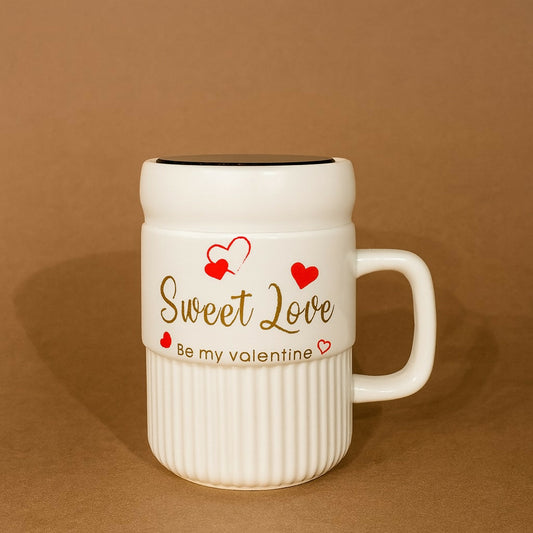 Premium Sweet Love Ceramic Mug with Lid & Spoon | Romantic Valentine Gift Cup for Couples | Leak-Resistant Lid, Large Capacity Coffee/Tea Mug | “Sweet Love” & “You & Me” Printed Heart Design | Microwave Safe | Ideal for Gifting