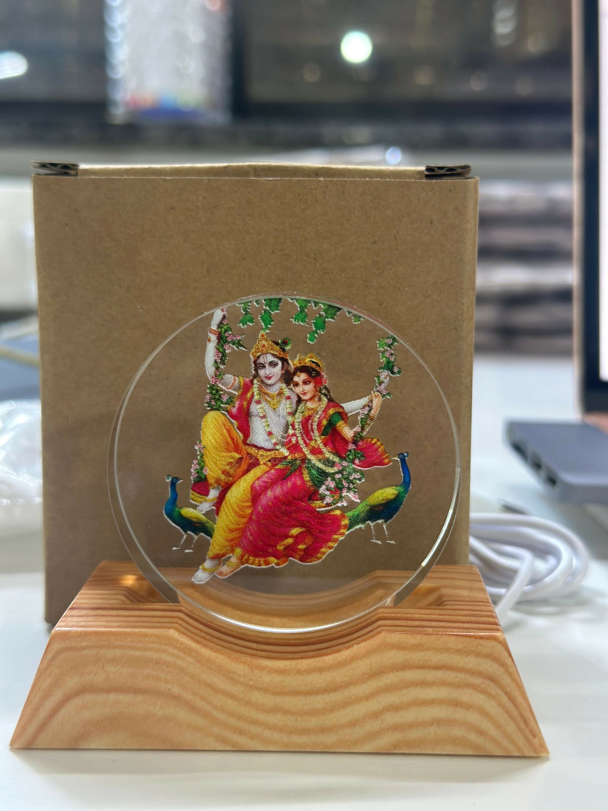 Radha Krishna Acrylic LED Lamp with Wooden Base | Decorative Night Light