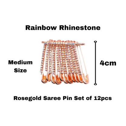 Rainbow Rhinestone Rose Gold Saree Pin Brooch Set (12pcs, 4cm, Medium)