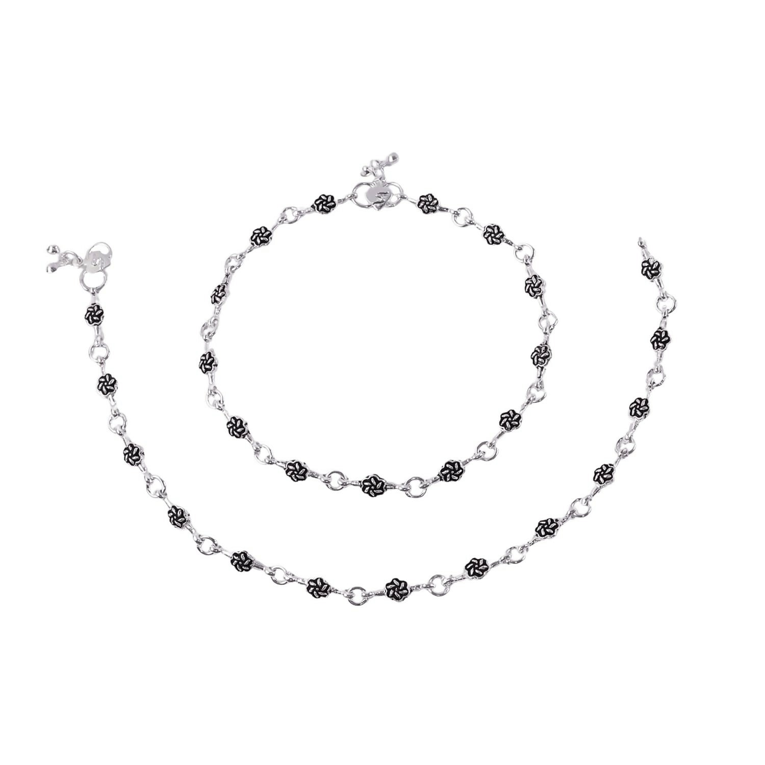 Silver Floral Link Anklet Pair with Classic Charm