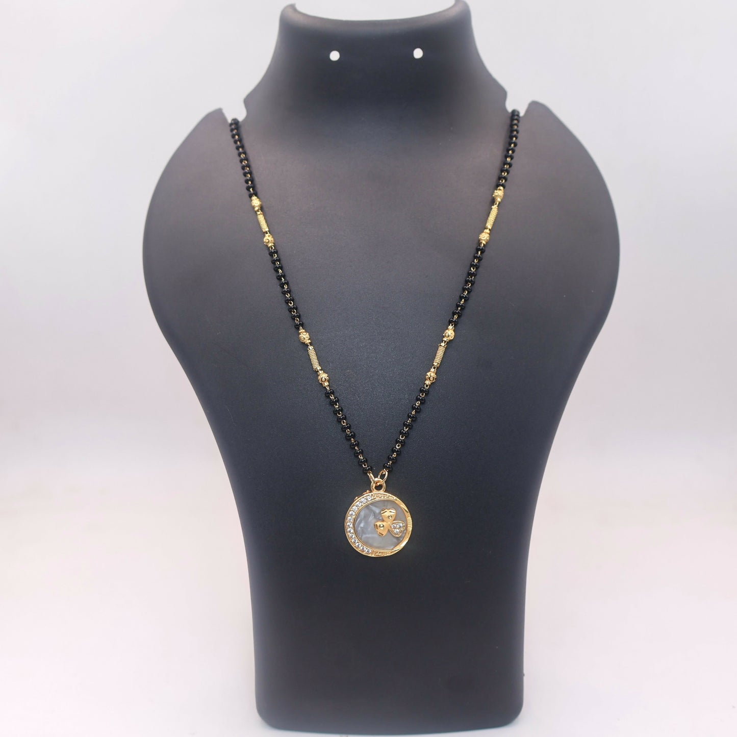 Gold-Plated AD Floral Circular Mangalsutra with Black Beads for women