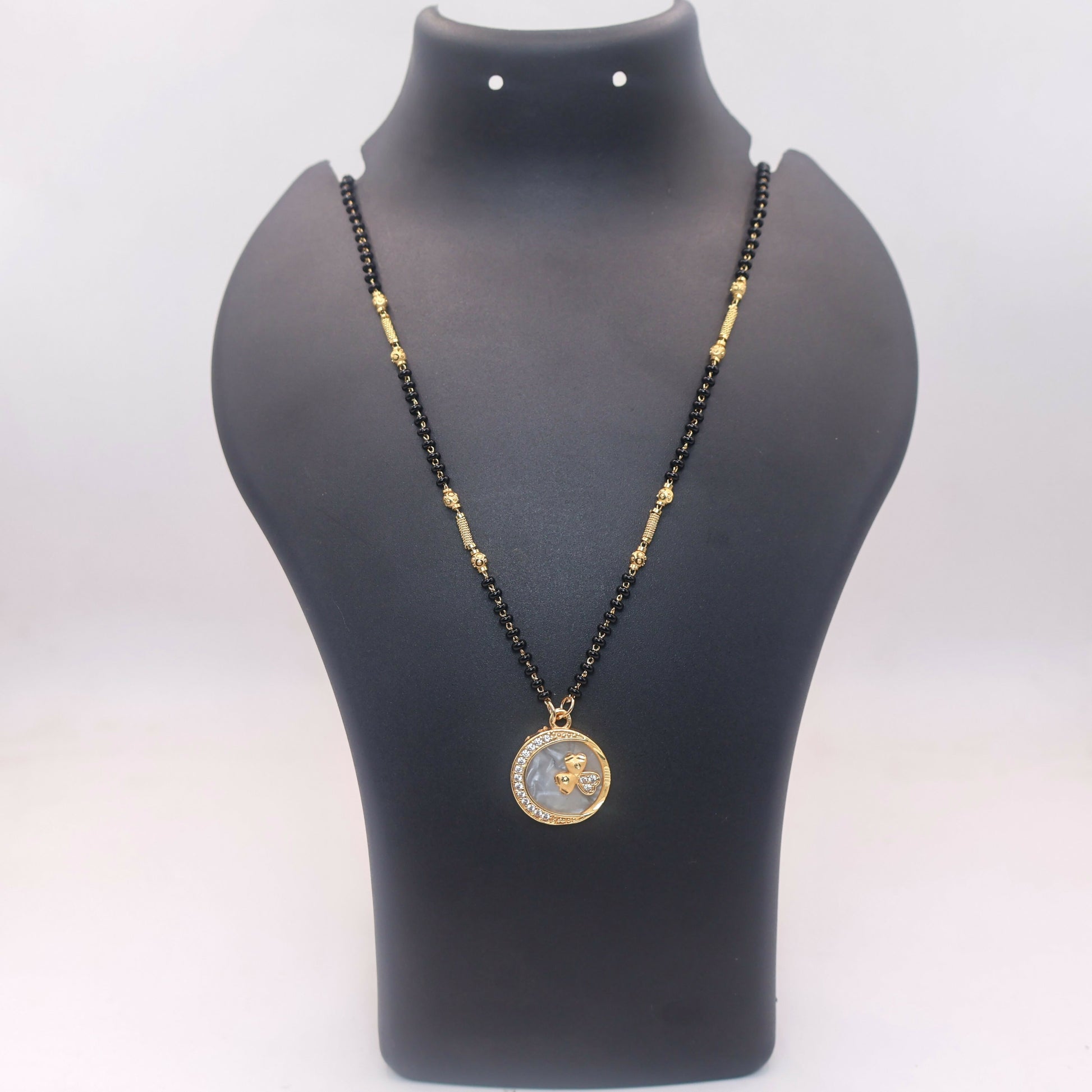 Gold-Plated AD Floral Circular Mangalsutra with Black Beads for women
