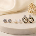 Trendy 3-Pair Earrings Set with Crystal, Pearl & Double Heart Drop Stud Design