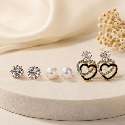 Trendy 3-Pair Earrings Set with Crystal, Pearl & Double Heart Drop Stud Design
