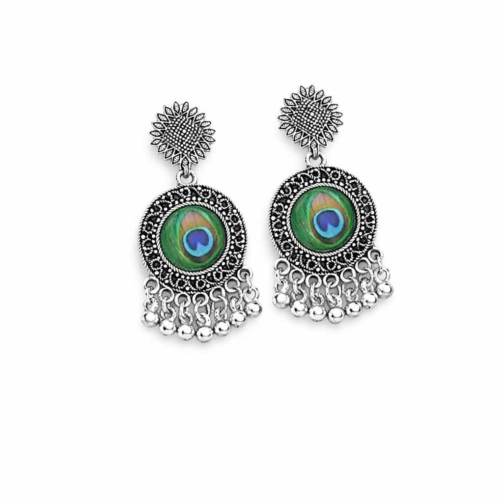 Traditional Oxidised Peacock Feather Jhumka Earings