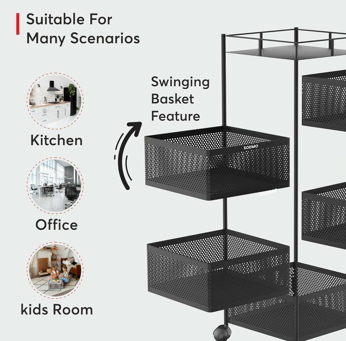 Square 5-Layer Stainless Steel Kitchen Trolley with Four Mesh Baskets & 360° Wheels