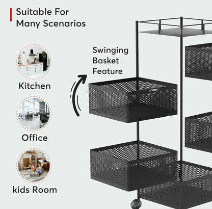 Square 5-Layer Stainless Steel Kitchen Trolley with Four Mesh Baskets & 360° Wheels