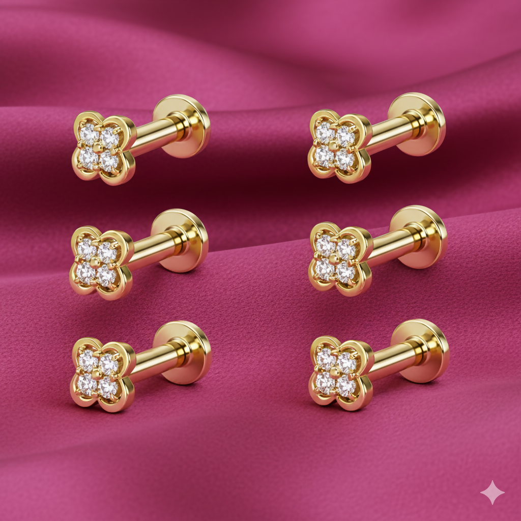 Set of six gold plated flower flat back studs ideal for nose and ear piercings