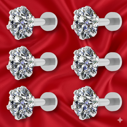 Silver Plated Round AD Solitaire Flat Back Stud Earrings Combo Pack of 6