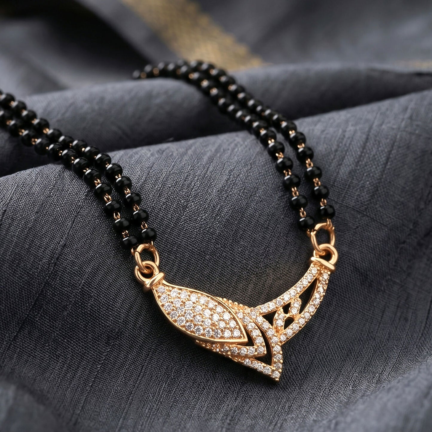Rose Gold Finish Marquise Eye CZ Pendant with V-Frame Double Strand Mangalsutra