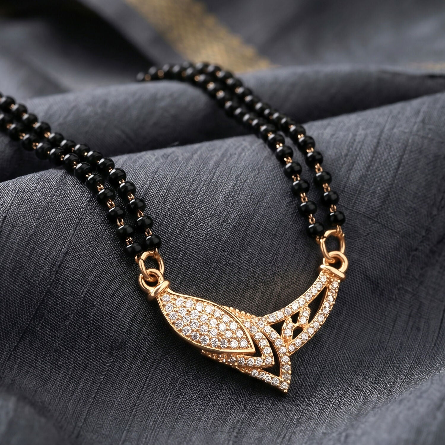 Rose Gold Finish Marquise Eye CZ Pendant with V-Frame Double Strand Mangalsutra