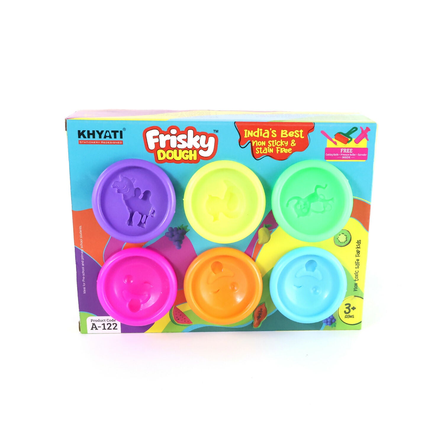 Khyati Frisky Dough Play Set – 6 Vibrant Colors Non-Sticky, Stain-Free Modelling Clay with Shape Moulds & Tools for Kids (3+ Years)