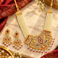 Royal Golden-Plated Kundan Pearl Necklace Set with Ruby Red Stones and Matching Earrings