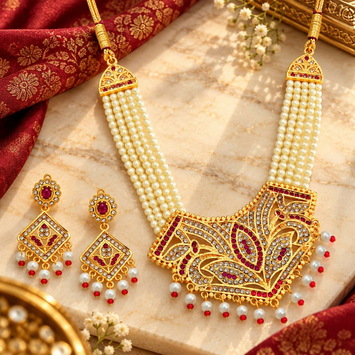 Golden-plated Kundan necklace with ruby red stones and pearl drops, beside matching square earrings on a patterned cloth.