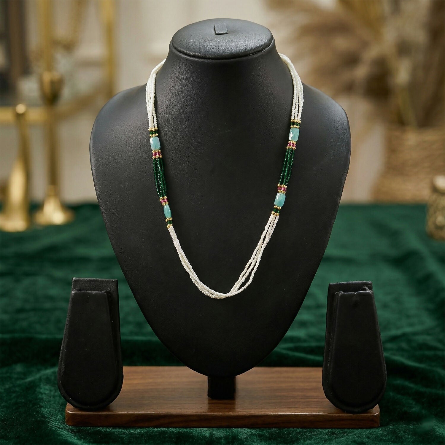 Handmade Layered Pearl Mala Necklace with Green Beads Aqua Accent Ethnic Style