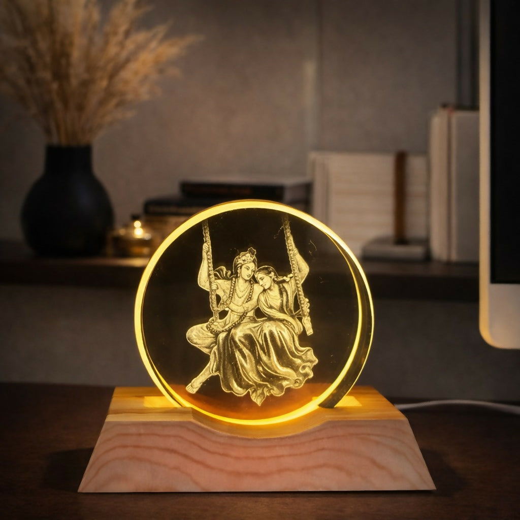 Radha Krishna Engraved Acrylic LED Night Lamp with Wooden Base for Home Decor