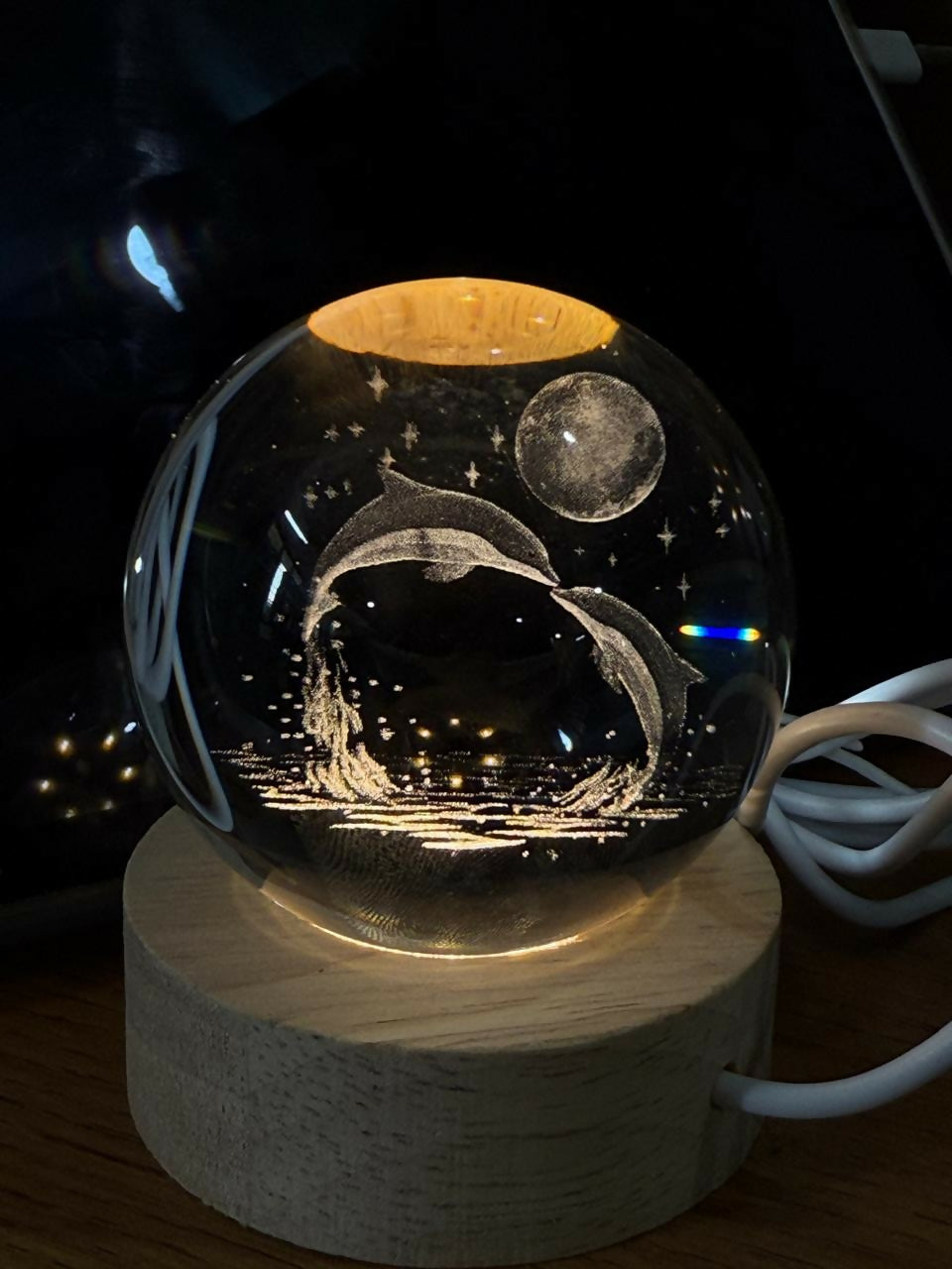 3D Dolphin Crystal Ball Night Lamp with Wooden Base Decorative Light