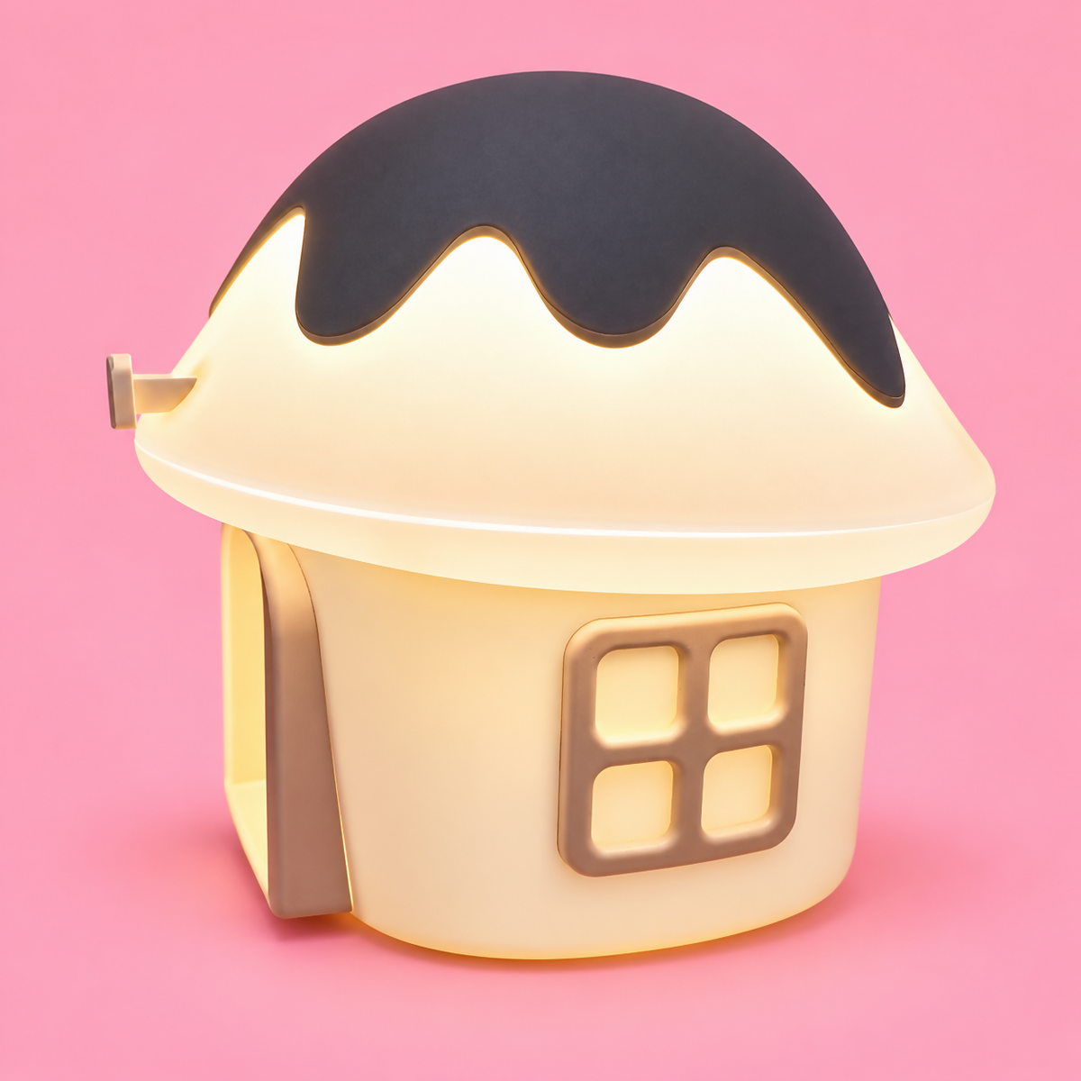 Front view of a white mushroom house lamp with a dark grey cap and illuminated interior, against a pink background.