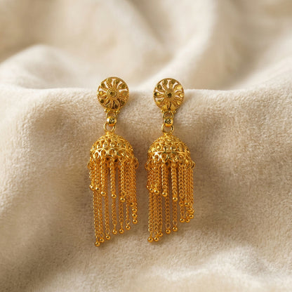 Golden Chain Tassel Jhumka Earrings angled view