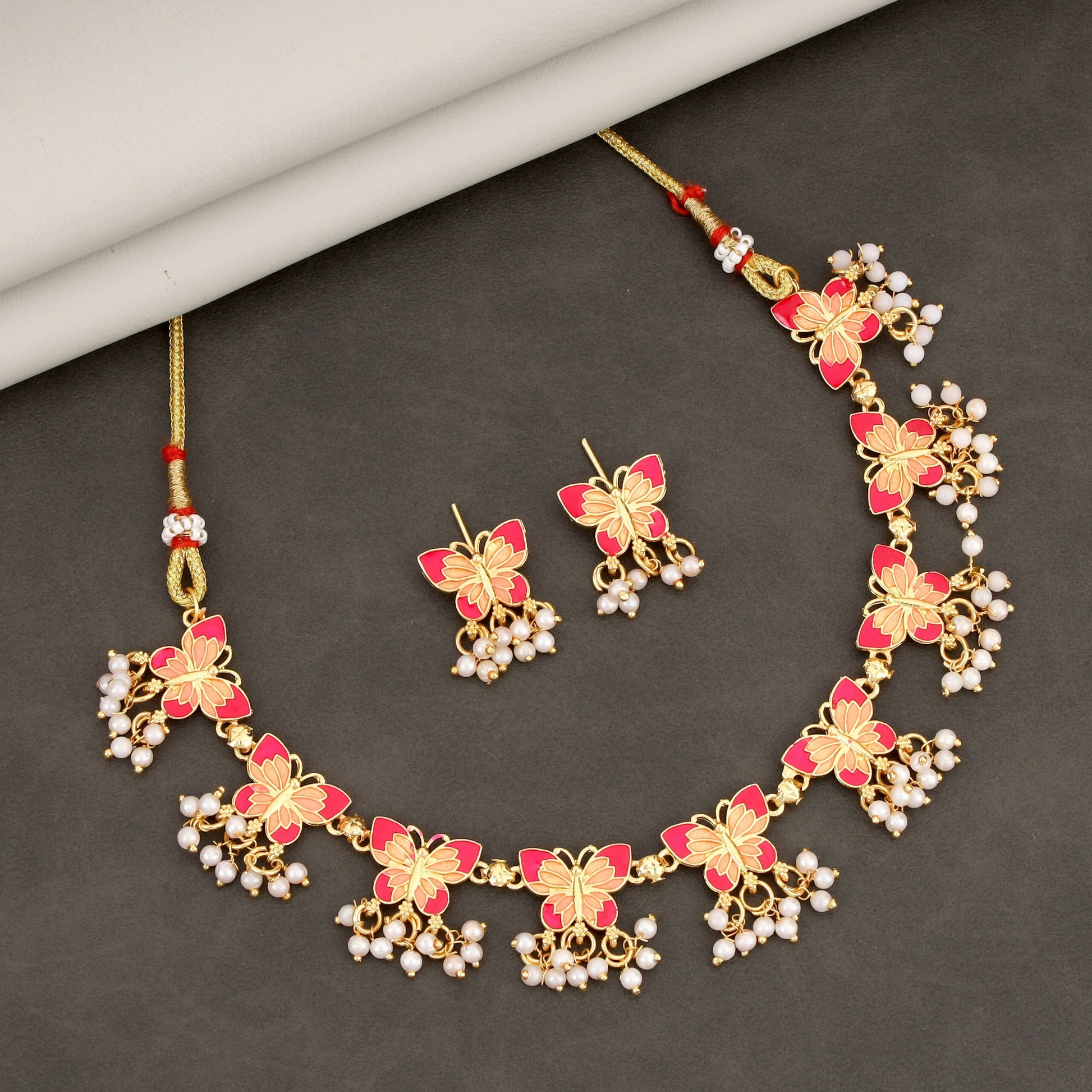 Artistic Meenakari Butterfly Choker Necklace Set with Pearl Drops