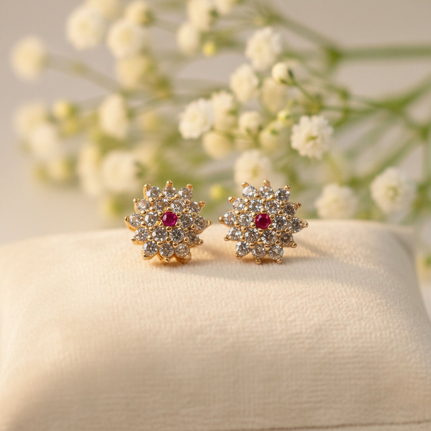 Floral CZ Stud Earrings with Center Stone for Daily & Party Wear