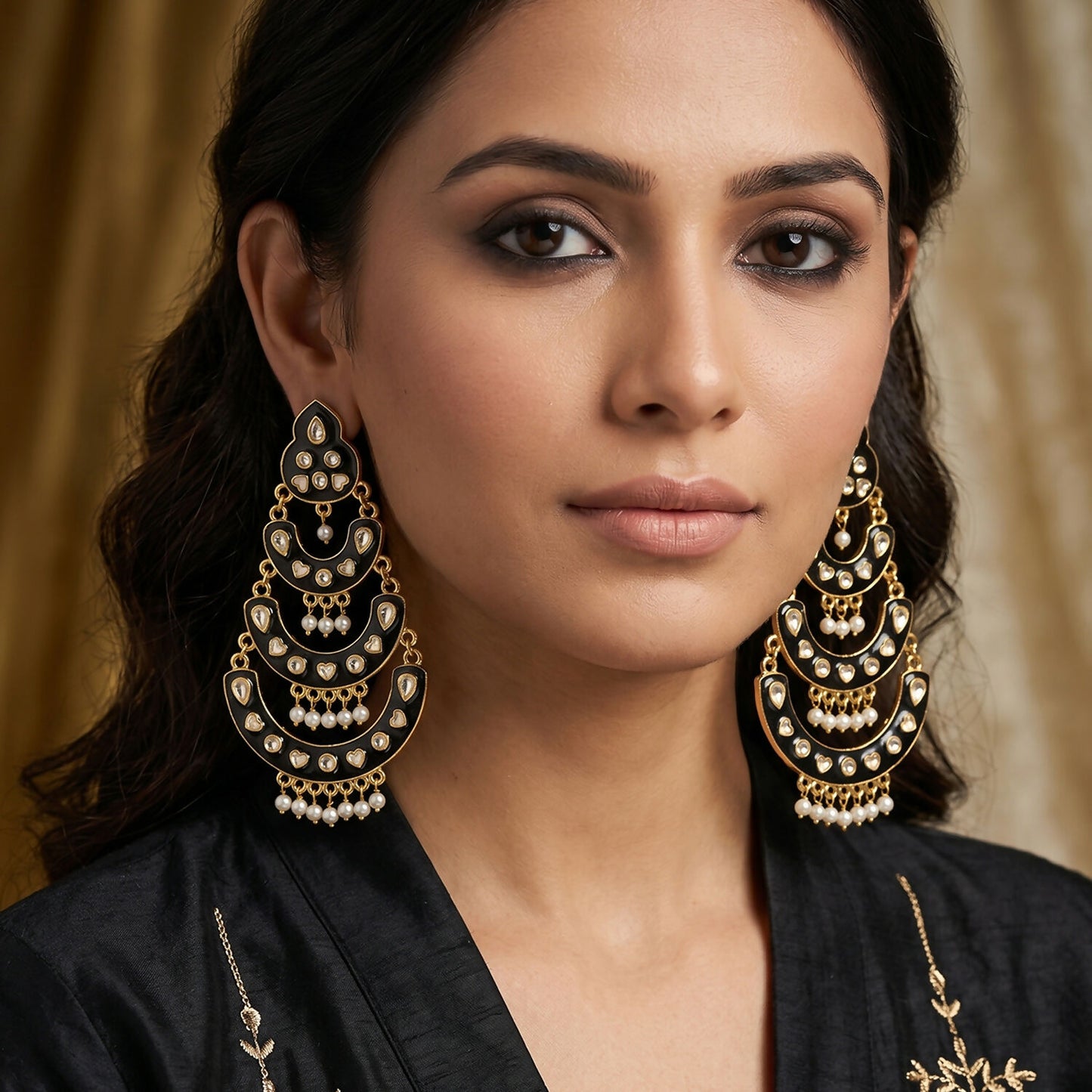 Pink bead hanging drops on antique gold-tone jhumka earrings