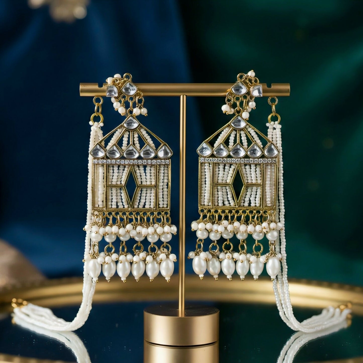 Vintage Birdcage Kundan & Pearl Statement Earrings with Seed Bead Ear-Hanging Chains