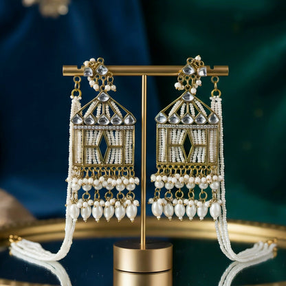 Vintage Birdcage Kundan & Pearl Statement Earrings with Seed Bead Ear-Hanging Chains