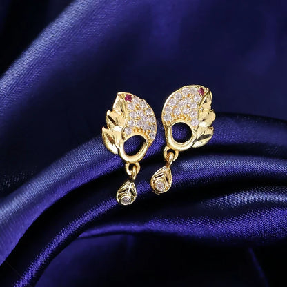 Elegant Gold Finish Leaf Pattern Stud Earrings With Sparkling Stone Drop Design