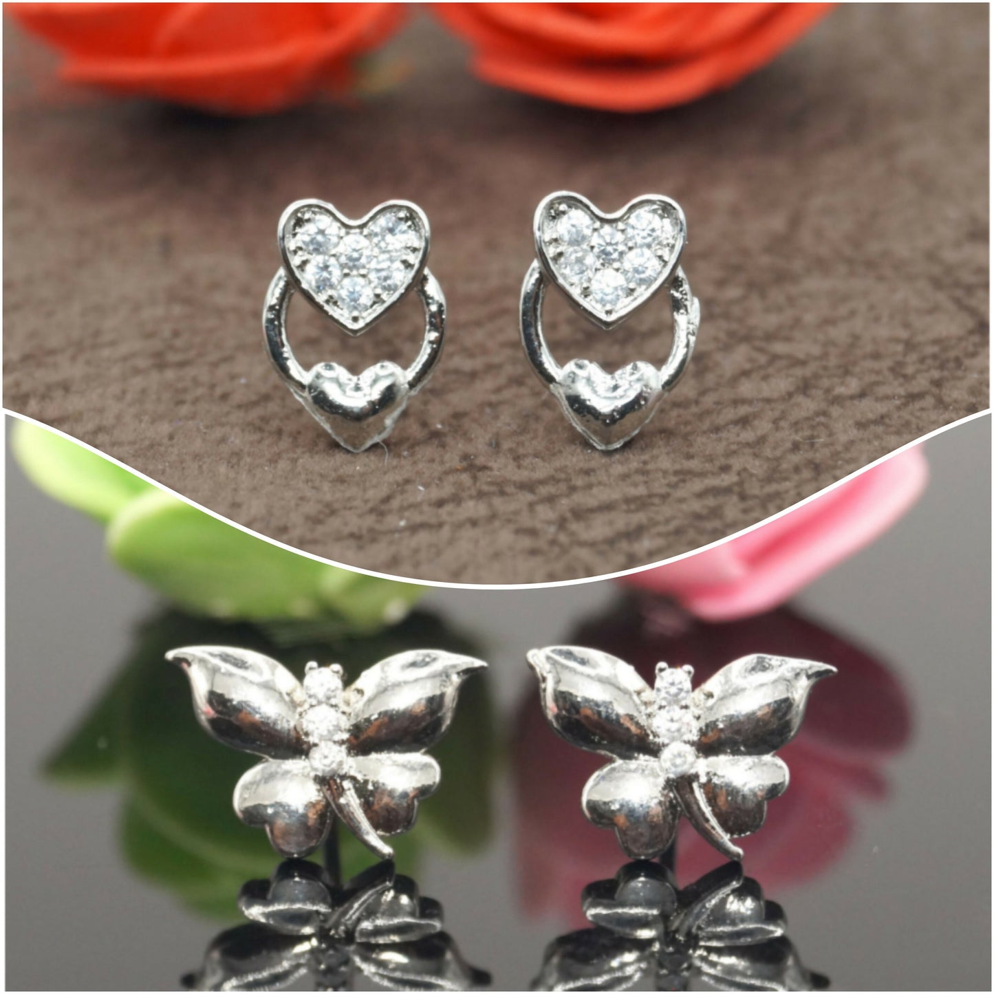 Silver heart and butterfly stud earrings set displayed on white background