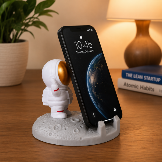 White astronaut with gold visor on a gray moon base holding a black smartphone vertically on a wooden desk.