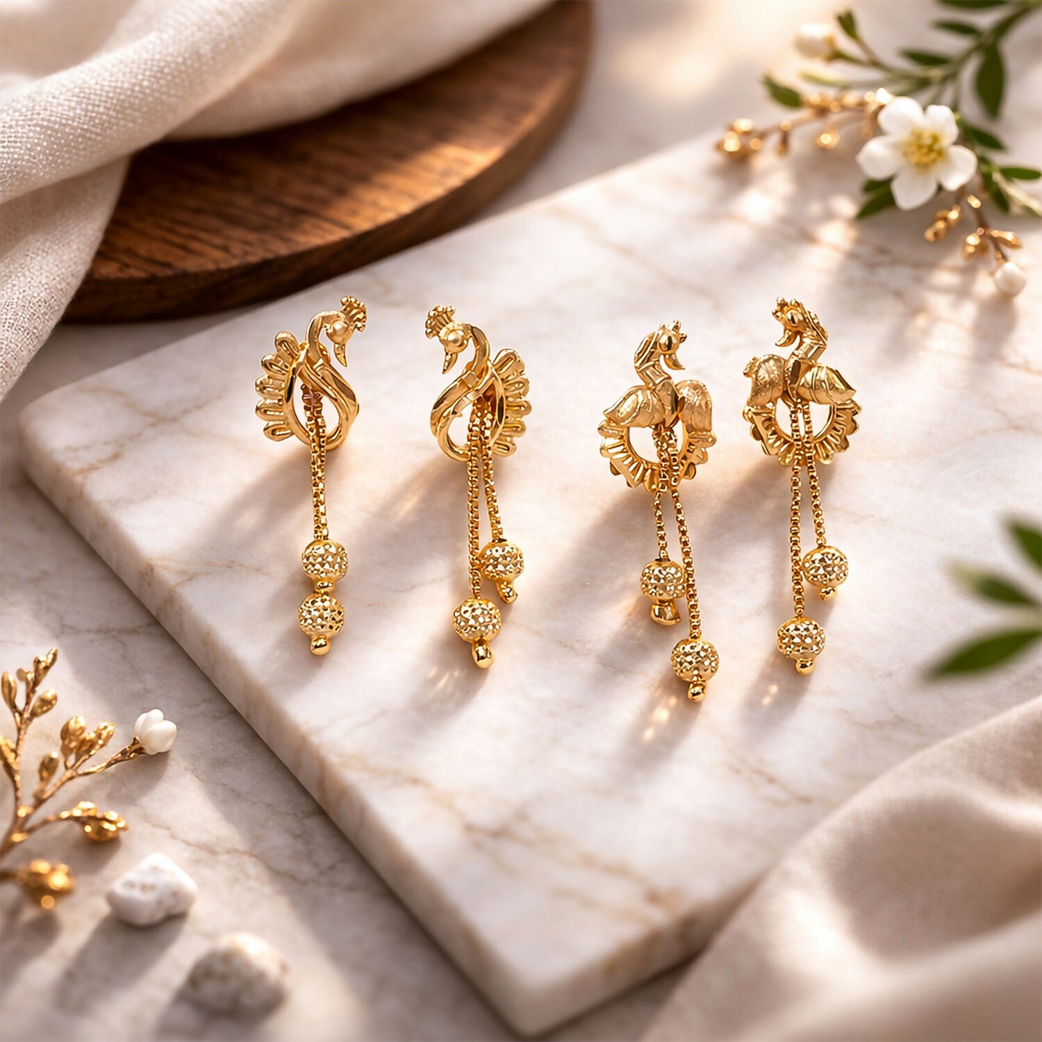 Classic Peacock Gold-Plated Dangling Earrings for Festive Wear (2 Pair)