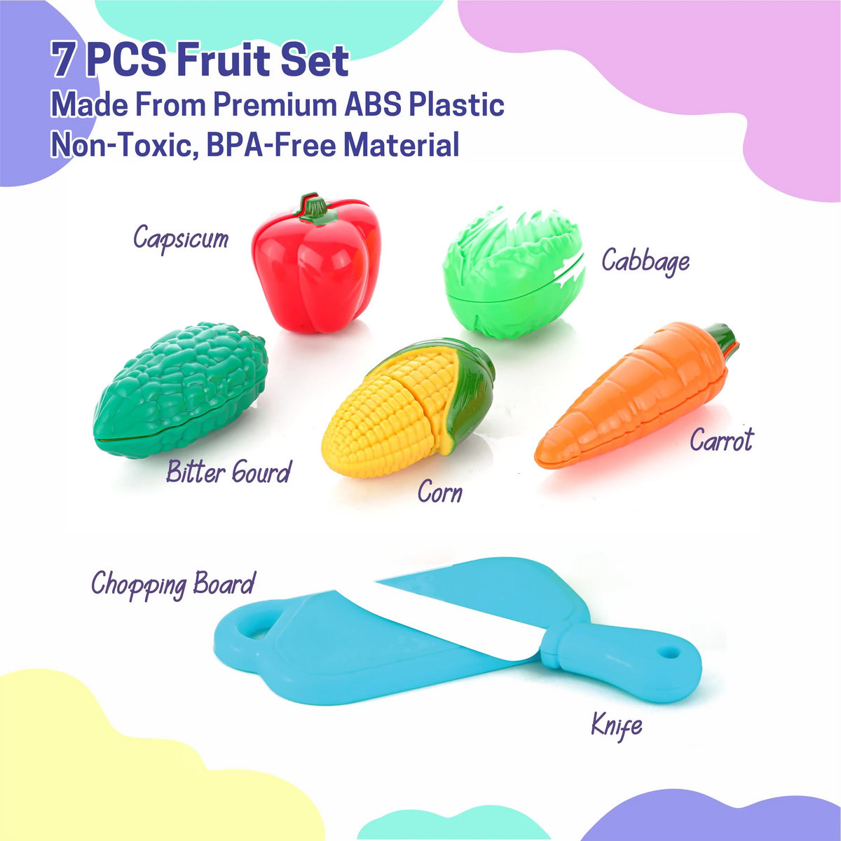 Five colorful plastic vegetables, a blue chopping board, and a white toy knife are displayed against a white background.