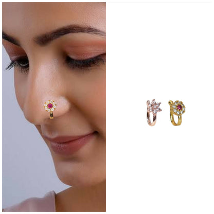 Gold-Plated Floral Stone Press Nose Ring/Clip-On Nath Combo Pack of 2