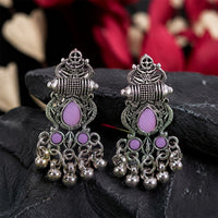 Antique Silver Jhumka Earrings with Purple Stones Tribal Drop Jewellery for Women